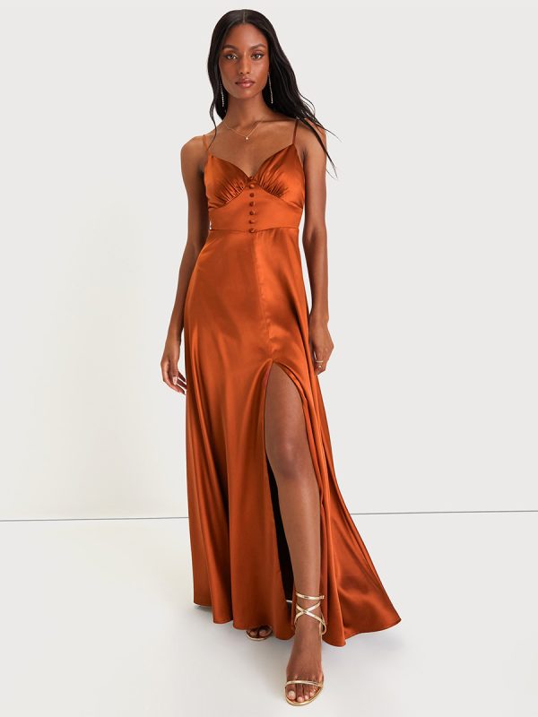 Bridesmaid Dress Spaghetti Straps Open Back High Slit A-Line Prom Maxi Dresses