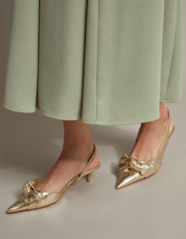 Bronte Metallic Bow Slingback Kitten Heels Gold