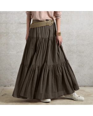 (Brown, 3XL) Women Pleated Skirt Maxi Vintage Casual Loose Ruffle Long Swing Dress Plus Size