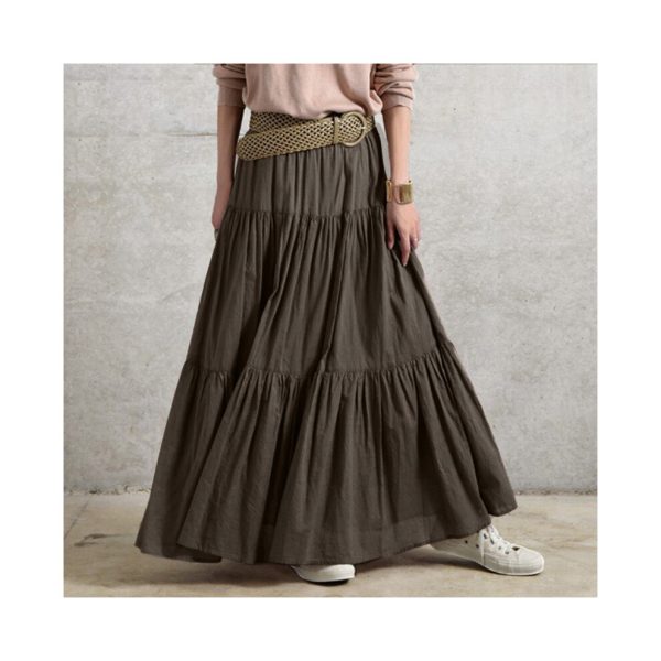 (Brown, 3XL) Women Pleated Skirt Maxi Vintage Casual Loose Ruffle Long Swing Dress Plus Size