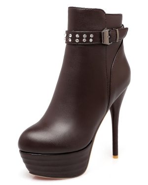 Brown Ankle Boots Women High Heel Booties Platform Round Toe Rhinestones Booties