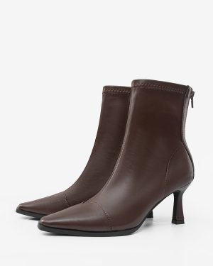 Brown High Heel Booties Square Toe Zip Up Ankle Boots
