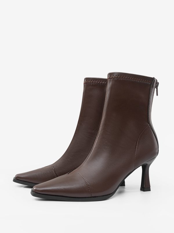Brown High Heel Booties Square Toe Zip Up Ankle Boots