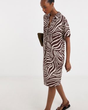 Brown JD WILLIAMS Linen Collared Short Sleeve Tunic Dress