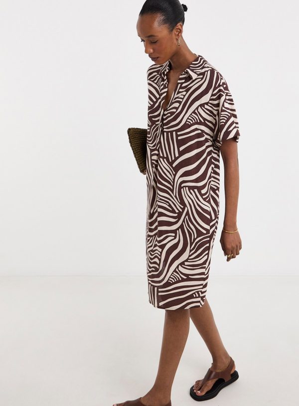 Brown JD WILLIAMS Linen Collared Short Sleeve Tunic Dress