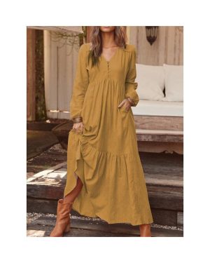 (Brown, L) Women Casual Cotton Linen Long Sleeve Ladies Loose Swing Solid Button Maxi Dress