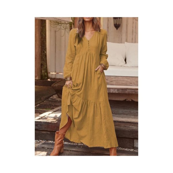 (Brown, L) Women Casual Cotton Linen Long Sleeve Ladies Loose Swing Solid Button Maxi Dress