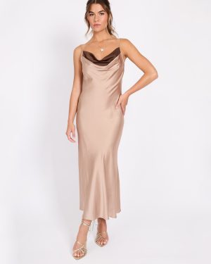 Brown LITTLE MISTRESS Champagne Satin Maxi Dress