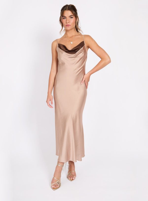 Brown LITTLE MISTRESS Champagne Satin Maxi Dress
