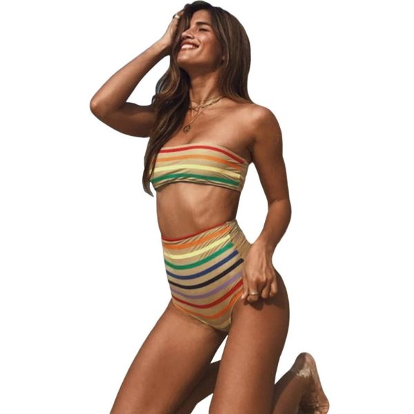 (Brown, M) Women Stripe High Waist Bikini Set Off Shoulder Push Up Padded Swimsuit Swimwear Bathing Suit