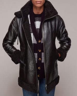 Brown Shearling Hooded Leather Biker Jacket
