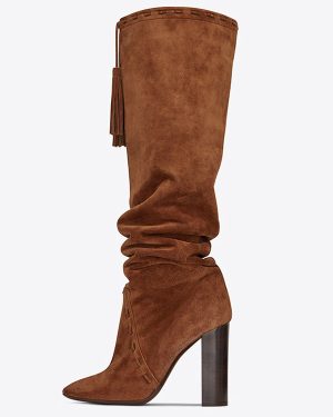 Brown Slouch Boots Suede Chunky Heel Knee-High Boots