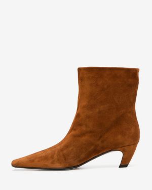Brown Suede Ankle Boots Kitten Heel Square Toe Booties
