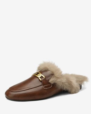 Brown Women Mule Loafers Round Toe Winter Shoes