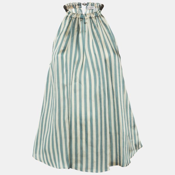 Brunello Cucinelli Blue Striped Organza Monili Halter Neck Top XS