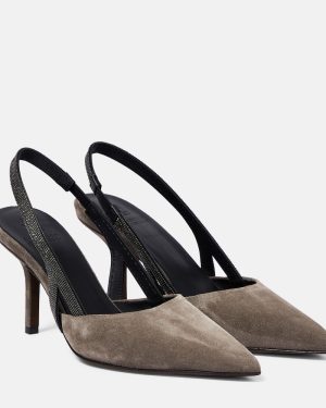 Brunello Cucinelli Embellished suede slingback mules