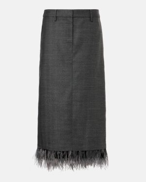 Brunello Cucinelli Feather-trimmed virgin wool midi skirt