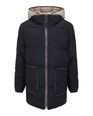 Brunello Cucinelli Long Down Jacket In Soft Wool Padded With Real Goose Down With Detachable Front With Hood.