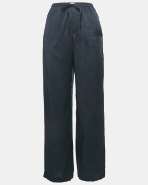 Brunello Cucinelli Navy Blue Monili Detail Satin Wide-Leg Trousers M