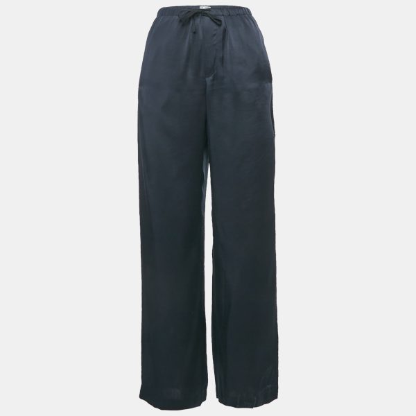 Brunello Cucinelli Navy Blue Monili Detail Satin Wide-Leg Trousers M