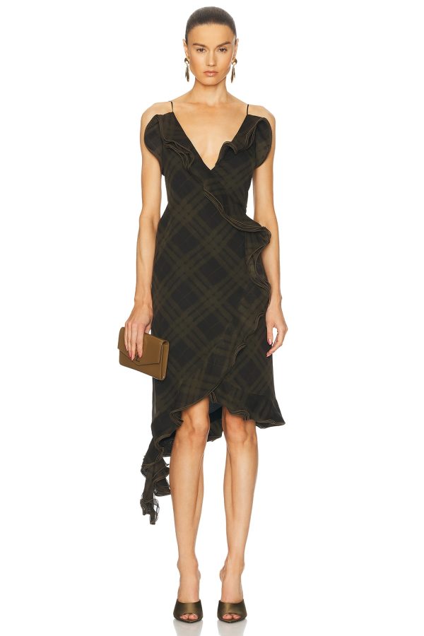 Burberry Asymmetric Midi Dress in Oil IP Check - Olive. Size 0 (also in 2).
