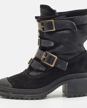 Burberry Black Leather and Suede Aviator Dukes Combat Boots Size 39