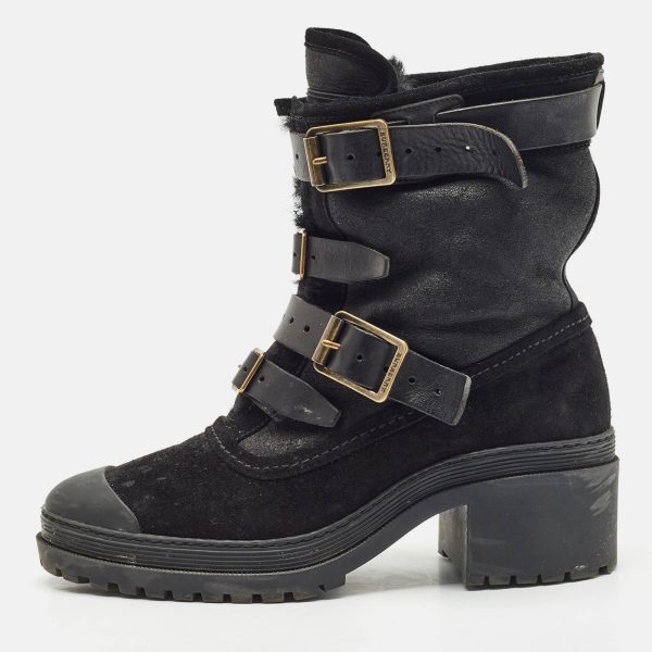Burberry Black Leather and Suede Aviator Dukes Combat Boots Size 39