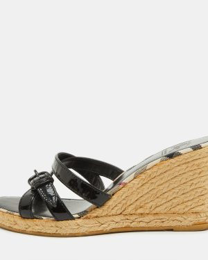 Burberry Black Patent Leather Strappy Wedge Espadrille Sandals Size 38