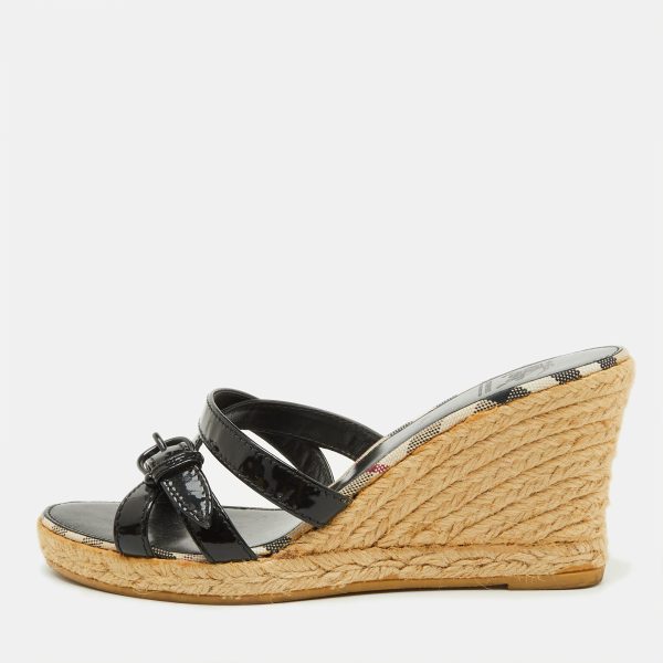 Burberry Black Patent Leather Strappy Wedge Espadrille Sandals Size 38