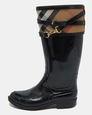 Burberry Black/Beige Rubber and House Check Canvas Rain Boots Size 38