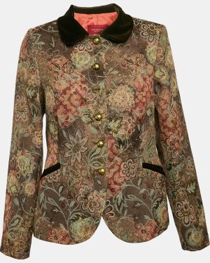 Burberry Brown Floral Jacquard and Velvet Collar Jacket L