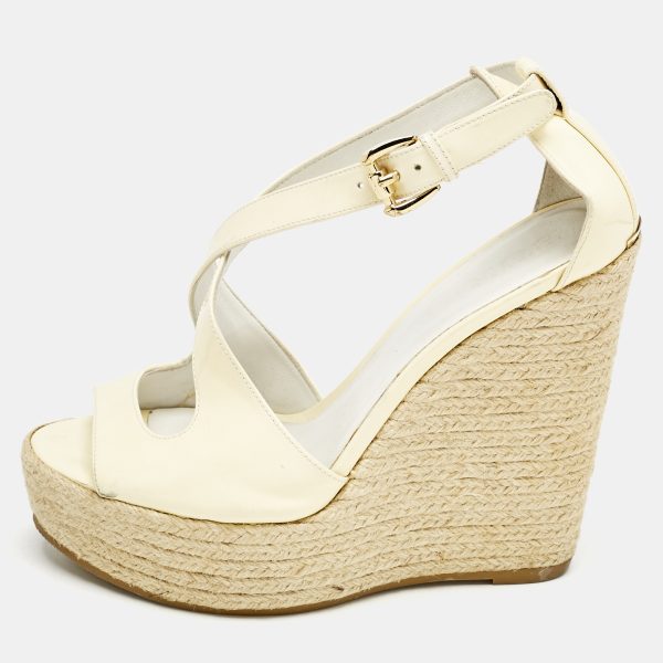 Burberry Cream Patent Peep Toe Wedge Espadrilles Sandals Size 37