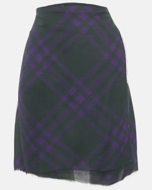 Burberry Dark Green/Purple Tartan Print Silk Pleated Wrap Skirt M