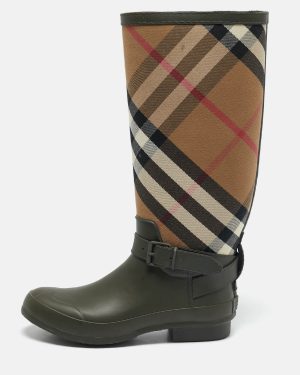 Burberry Green/Beige Rubber and Vintage Check Canvas Simeon Rain Boots Size 41