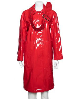 Burberry London Bright Red Faux Leather Belt Detail Coat S