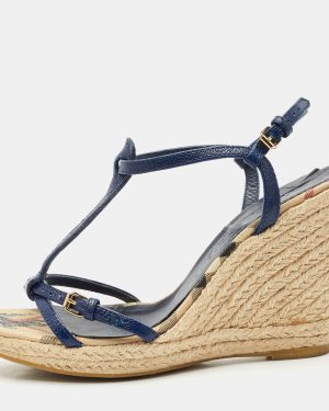 Burberry Navy Blue Leather Espadrille Wedge Sandals Size 38