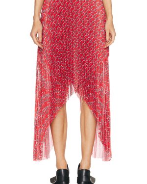 Burberry Pleated Midi Skirt in Silver & Red - Red. Size 2 (also in 8).