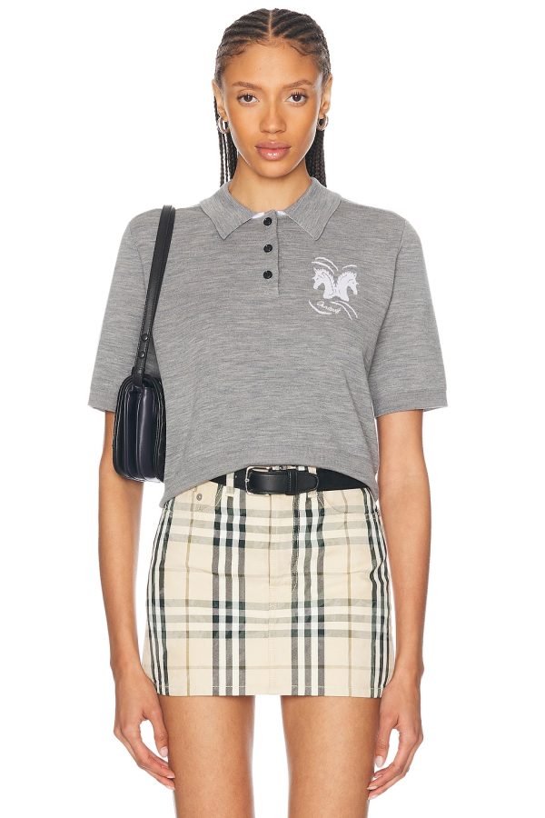 Burberry Short Sleeve Polo Top in Grey - Grey. Size L (also in S).