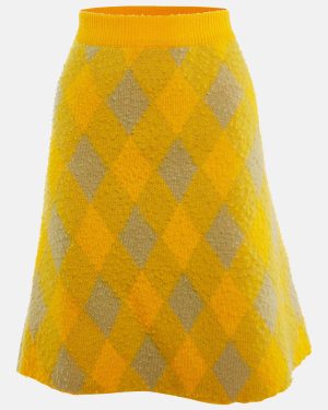 Burberry Yellow Wool Check Plaid Midi Skirt M