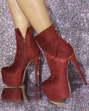 Burgundy Ankle Boots Suede Round Toe Platform High Heel Booties