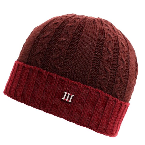 Burgundy Colour Block Knitted Beanie Hat with Metal Tresanti Logo