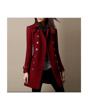 (Burgundy, M) Women's Military Style Stand Collar Woolen Coat Double Breasted Woolen Blends Coat