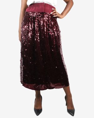 Burgundy Sequin-Embellished Silk Midi Skirt UK 14