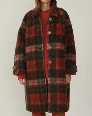 Burgundy Wool Blend Tartan Coat