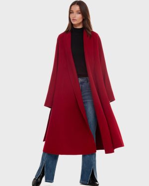 Burgundy Wool Cashmere Blend Wrap Coat For Woman Lapel Elegant Belted Double-Faced Winter Outerwear 2025