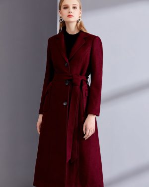 Burgundy Wool Wrap Coats With Large Pockets Notch Collar Classic Belted Winter Midi Outerwear For Women 2025