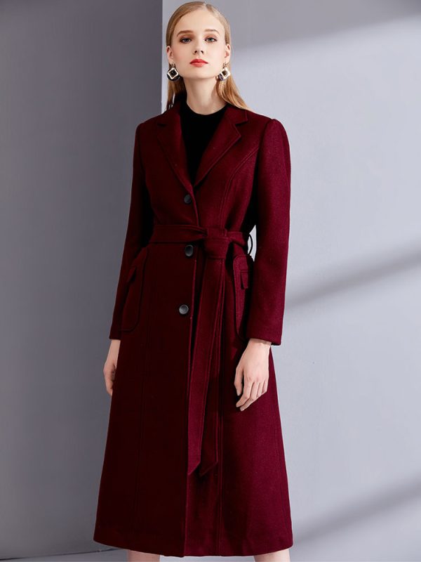 Burgundy Wool Wrap Coats With Large Pockets Notch Collar Classic Belted Winter Midi Outerwear For Women 2025