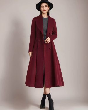 Burgundy Woolen Flared Coat Vintage Shawl Collar Double-breasted Winter A-line Outerwear For Women 2025