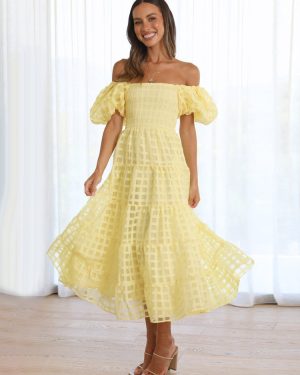 Butter Yellow Plaid Off-Shoulder Ruffled Midi Dress With Short Sleeves And Shirred Back 2025