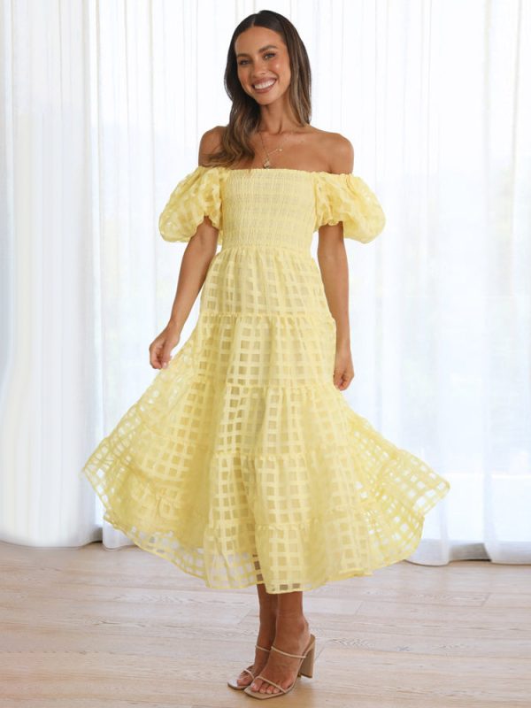 Butter Yellow Plaid Off-Shoulder Ruffled Midi Dress With Short Sleeves And Shirred Back 2025